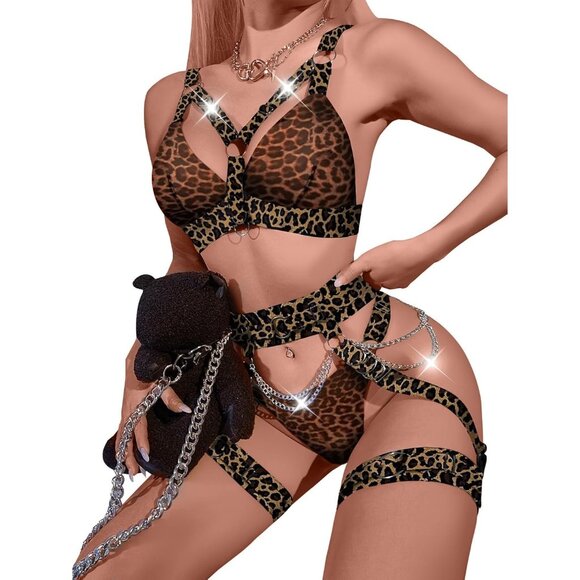 Women's Brown Leopard Sexy Chain Strappy Garter Belt Lingerie Set Rave Outfits - Picture 4 of 5